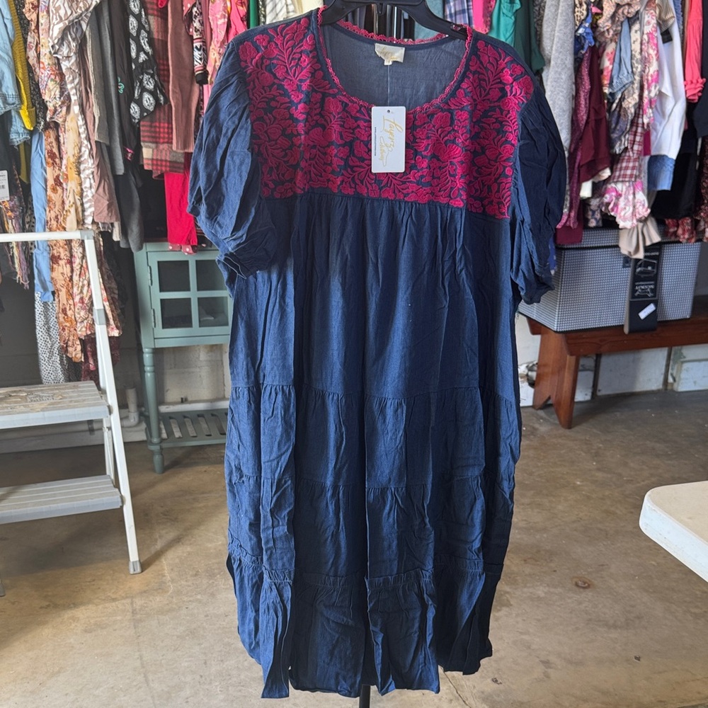 Embroidered Navy Midi Dress with Fuchsia Yoke